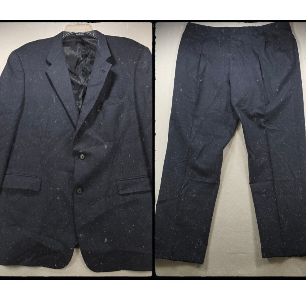 Austin Reed Mens Navy Blue Wool Blend 2 Piece Suit 48L Pleated Pants 44x32